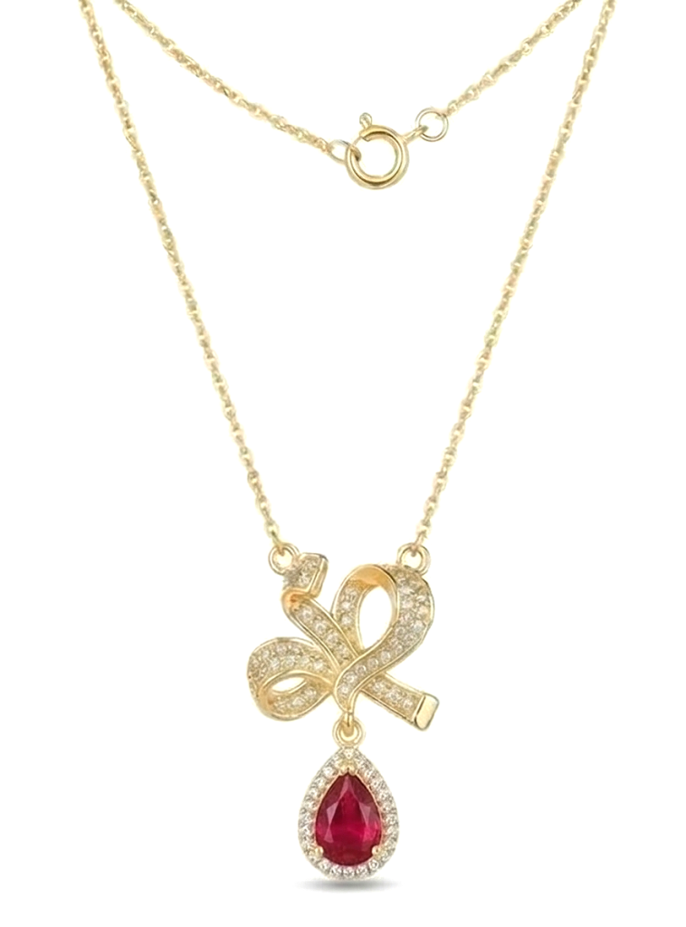 AGOR 925 Sterling Silver Ribbon Bow Pendant Necklace Jewellery with Red Stone in Gold Plated Finish