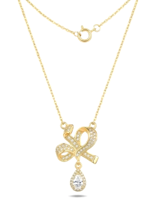 AGOR 925 Sterling Silver Ribbon Bow Pendant Necklace Jewellery with Clear Stone in Gold Plated Finish