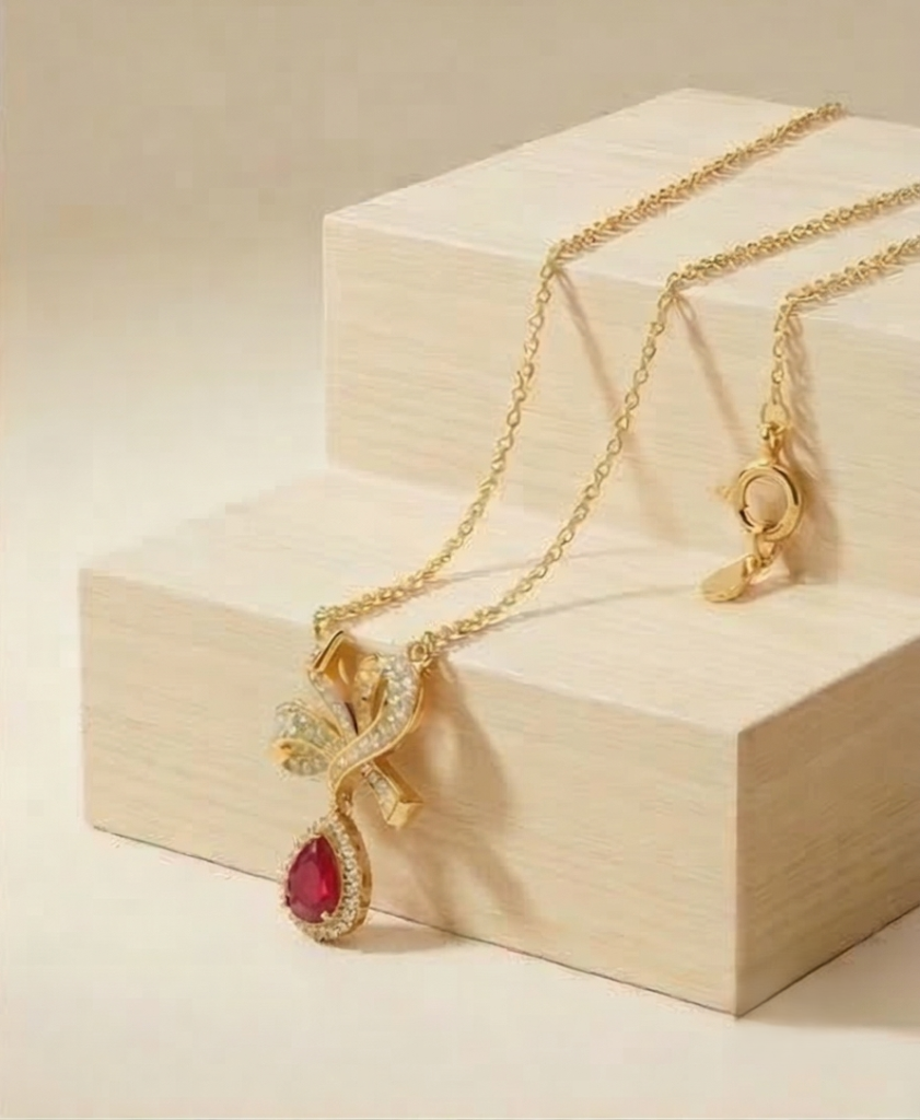 AGOR 925 Sterling Silver Ribbon Bow Pendant Necklace Jewellery with Red Stone in Gold Plated Finish