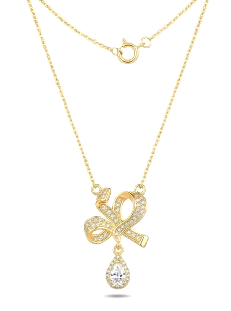 AGOR 925 Sterling Silver Ribbon Bow Pendant Necklace Jewellery with Clear Stone in Gold Plated Finish