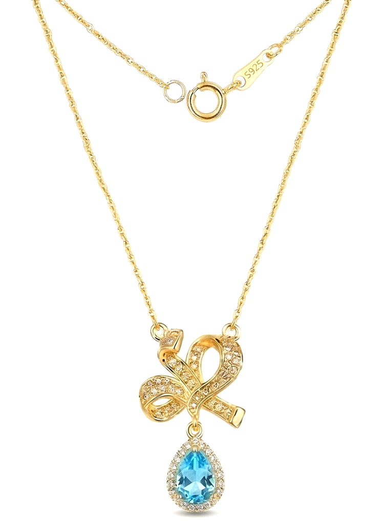 AGOR 925 Sterling Silver Ribbon Bow Pendant Necklace Jewellery with Blue Stone in Gold Plated Finish