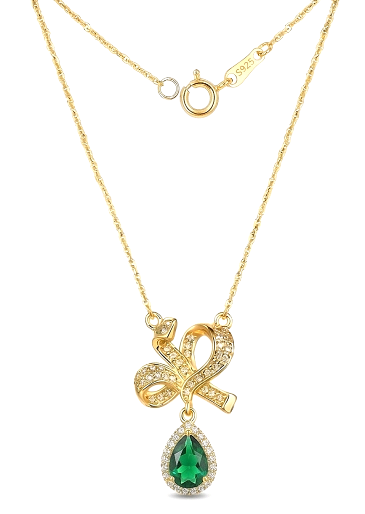 AGOR 925 Sterling Silver Elegant Ribbon Bow Pendant Necklace Jewellery with Green Teardrop in Gold Plated Finish