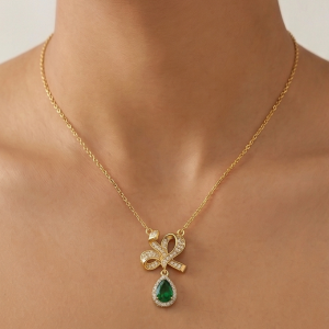 AGOR 925 Sterling Silver Elegant Ribbon Bow Pendant Necklace Jewellery with Green Teardrop in Gold Plated Finish
