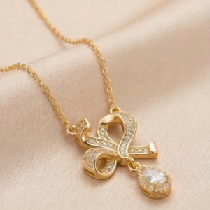 925 Sterling Silver Ribbon Bow Pendant Necklace Jewellery with Clear Stone in Gold Plated Finish