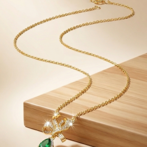 925 Sterling Silver Elegant Ribbon Bow Pendant Necklace Jewellery with Green Teardrop in Gold Plated Finish
