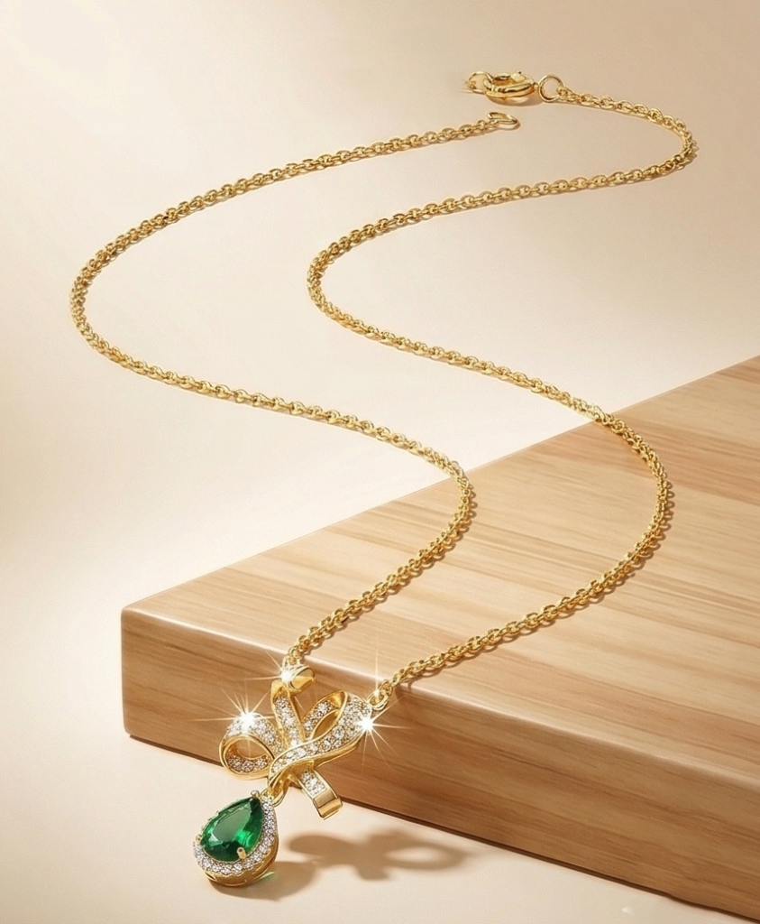 AGOR 925 Sterling Silver Elegant Ribbon Bow Pendant Necklace Jewellery with Green Teardrop in Gold Plated Finish
