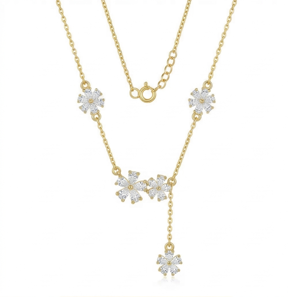 AGOR 925 Sterling Silver Floral Y-Necklace Lariat Jewellery in Gold Plated Finish