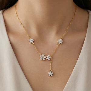 AGOR 925 Sterling Silver Floral Y-Necklace Lariat Jewellery in Gold Plated Finish