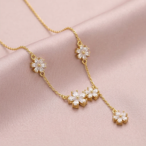 AGOR 925 Sterling Silver Floral Y-Necklace Lariat Jewellery in Gold Plated Finish