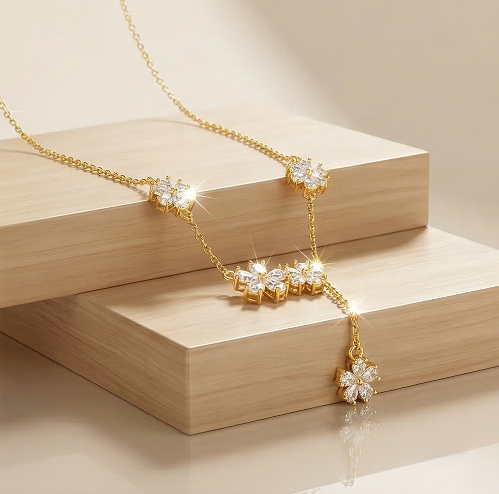 925 Sterling Silver Floral Y-Necklace Lariat Jewellery in Gold Plated Finish