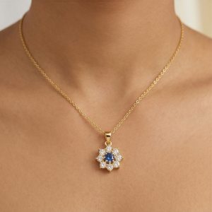 AGOR 925 Sterling Silver Floral Halo Pendant Necklace Jewellery with Blue Center in Gold Plated Finish