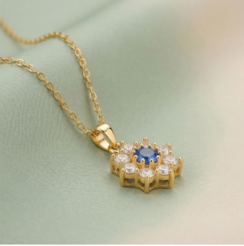AGOR 925 Sterling Silver Floral Halo Pendant Necklace Jewellery with Blue Center in Gold Plated Finish