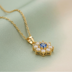 925 Sterling Silver Floral Halo Pendant Necklace Jewellery with Blue Center in Gold Plated Finish