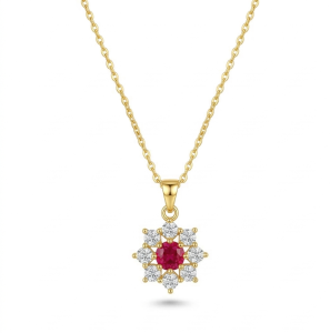 AGOR 925 Sterling Silver Floral Halo Pendant Necklace Jewellery with Red Center in Gold Plated Finish