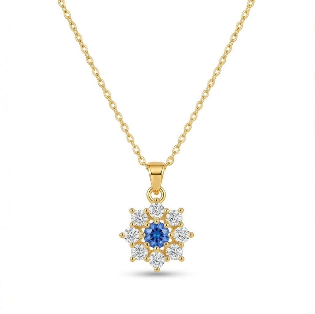 AGOR 925 Sterling Silver Floral Halo Pendant Necklace Jewellery with Blue Center in Gold Plated Finish