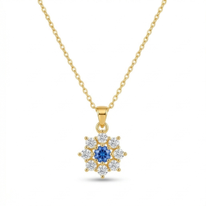 AGOR 925 Sterling Silver Floral Halo Pendant Necklace Jewellery with Blue Center in Gold Plated Finish