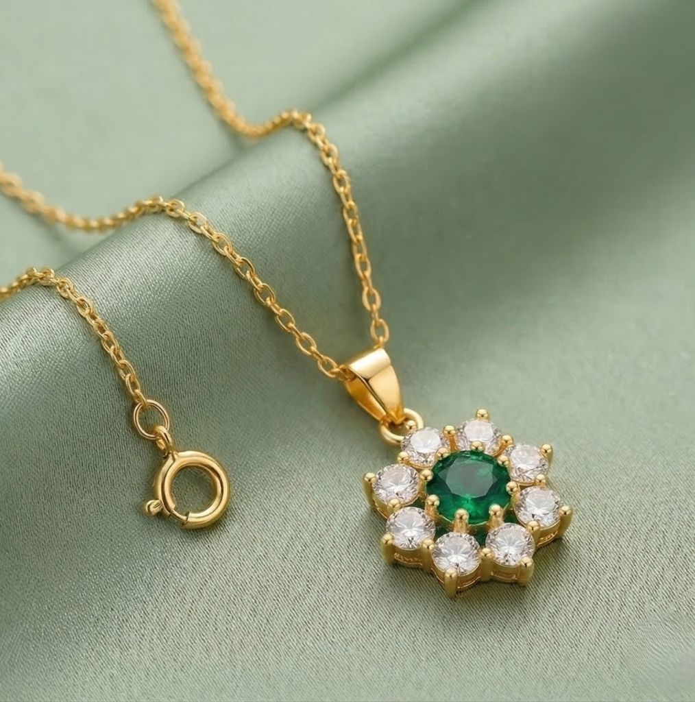 AGOR 925 Sterling Silver Floral Halo Pendant Necklace Jewellery with Green Center in Gold Plated Finish