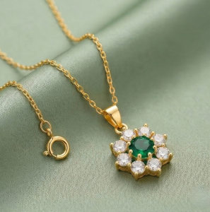 AGOR 925 Sterling Silver Floral Halo Pendant Necklace Jewellery with Green Center in Gold Plated Finish