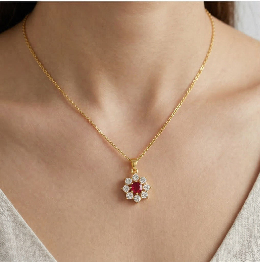 AGOR 925 Sterling Silver Floral Halo Pendant Necklace Jewellery with Red Center in Gold Plated Finish