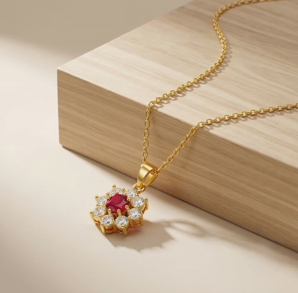925 Sterling Silver Floral Halo Pendant Necklace Jewellery with Red Center in Gold Plated Finish