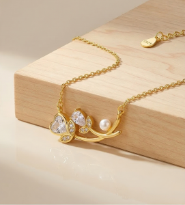 AGOR 925 Sterling Silver Floral Branch Heart and Pearl Necklace Jewellery in Gold Plated Finish