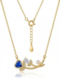 AGOR 925 Sterling Silver Blue Heart and Pearl Floral Necklace Jewellery for Women with Gold Finish