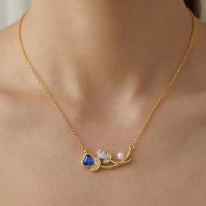 925 Sterling Silver Blue Heart and Pearl Floral Necklace Jewellery for Women with Gold Finish