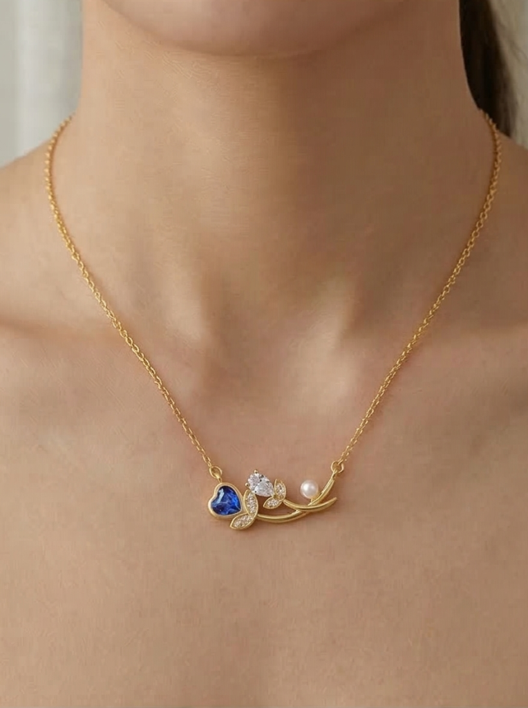 AGOR 925 Sterling Silver Blue Heart and Pearl Floral Necklace Jewellery for Women with Gold Finish