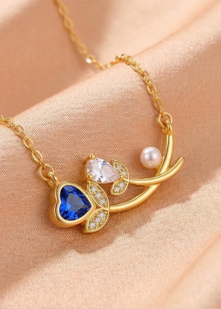 AGOR 925 Sterling Silver Blue Heart and Pearl Floral Necklace Jewellery for Women with Gold Finish