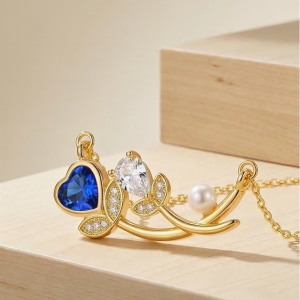 925 Sterling Silver Blue Heart and Pearl Floral Necklace Jewellery for Women with Gold Finish