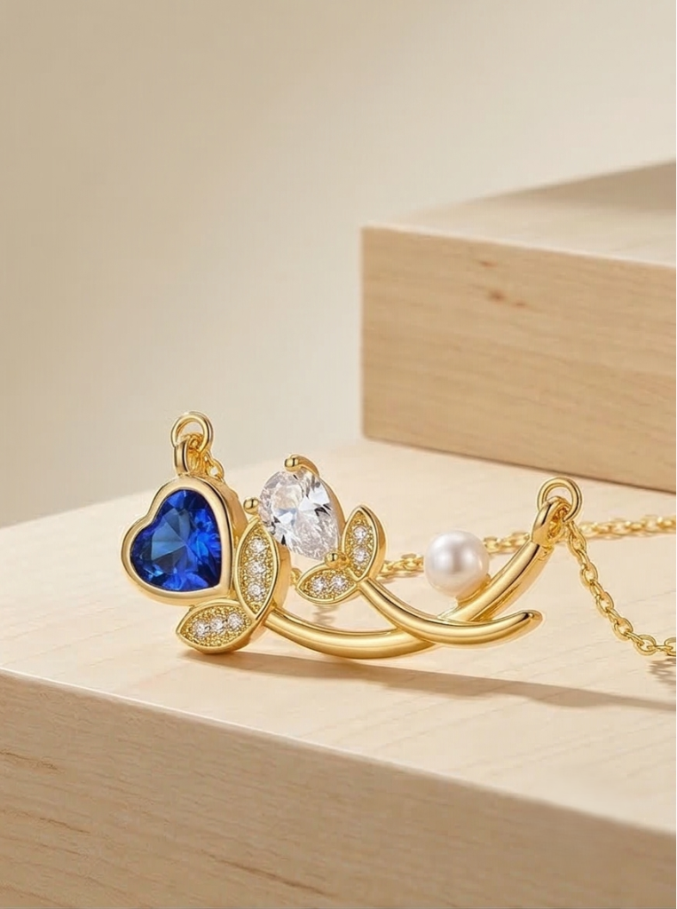 AGOR 925 Sterling Silver Blue Heart and Pearl Floral Necklace Jewellery for Women with Gold Finish