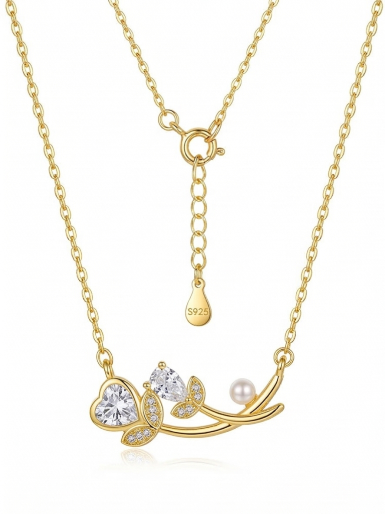 AGOR 925 Sterling Silver Floral Branch Heart and Pearl Necklace Jewellery in Gold Plated Finish