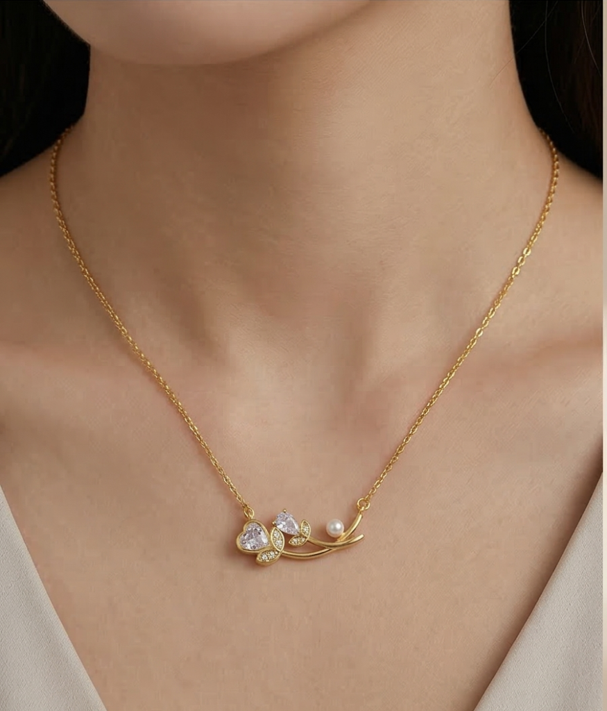 AGOR 925 Sterling Silver Floral Branch Heart and Pearl Necklace Jewellery in Gold Plated Finish