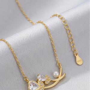 925 Sterling Silver Floral Branch Heart and Pearl Necklace Jewellery in Gold Plated Finish