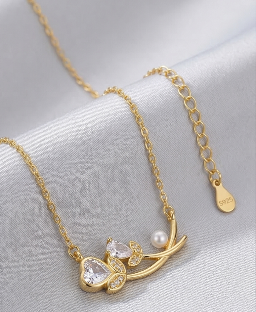 AGOR 925 Sterling Silver Floral Branch Heart and Pearl Necklace Jewellery in Gold Plated Finish