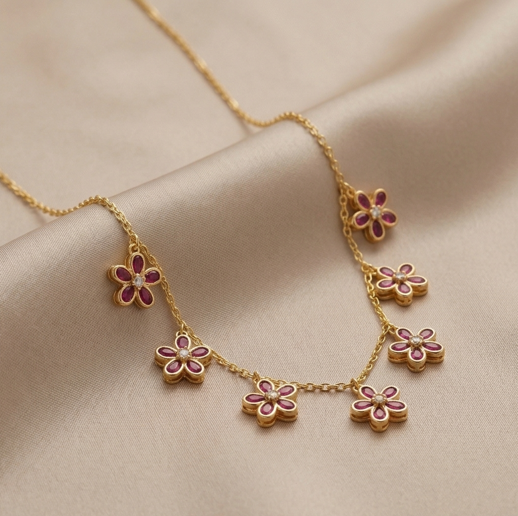925 Sterling Silver Pink Floral Charm Necklace Jewellery for Women with Gold Finish