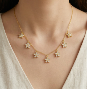 AGOR 925 Sterling Silver Clear Floral Charm Necklace Jewellery for Women with Gold Finish