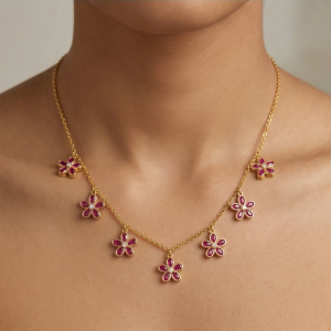 AGOR 925 Sterling Silver Pink Floral Charm Necklace Jewellery for Women with Gold Finish