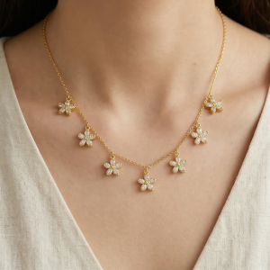 925 Sterling Silver Clear Floral Charm Necklace Jewellery for Women with Gold Finish