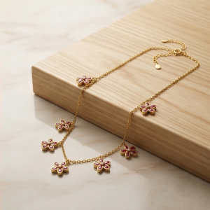 AGOR 925 Sterling Silver Pink Floral Charm Necklace Jewellery for Women with Gold Finish
