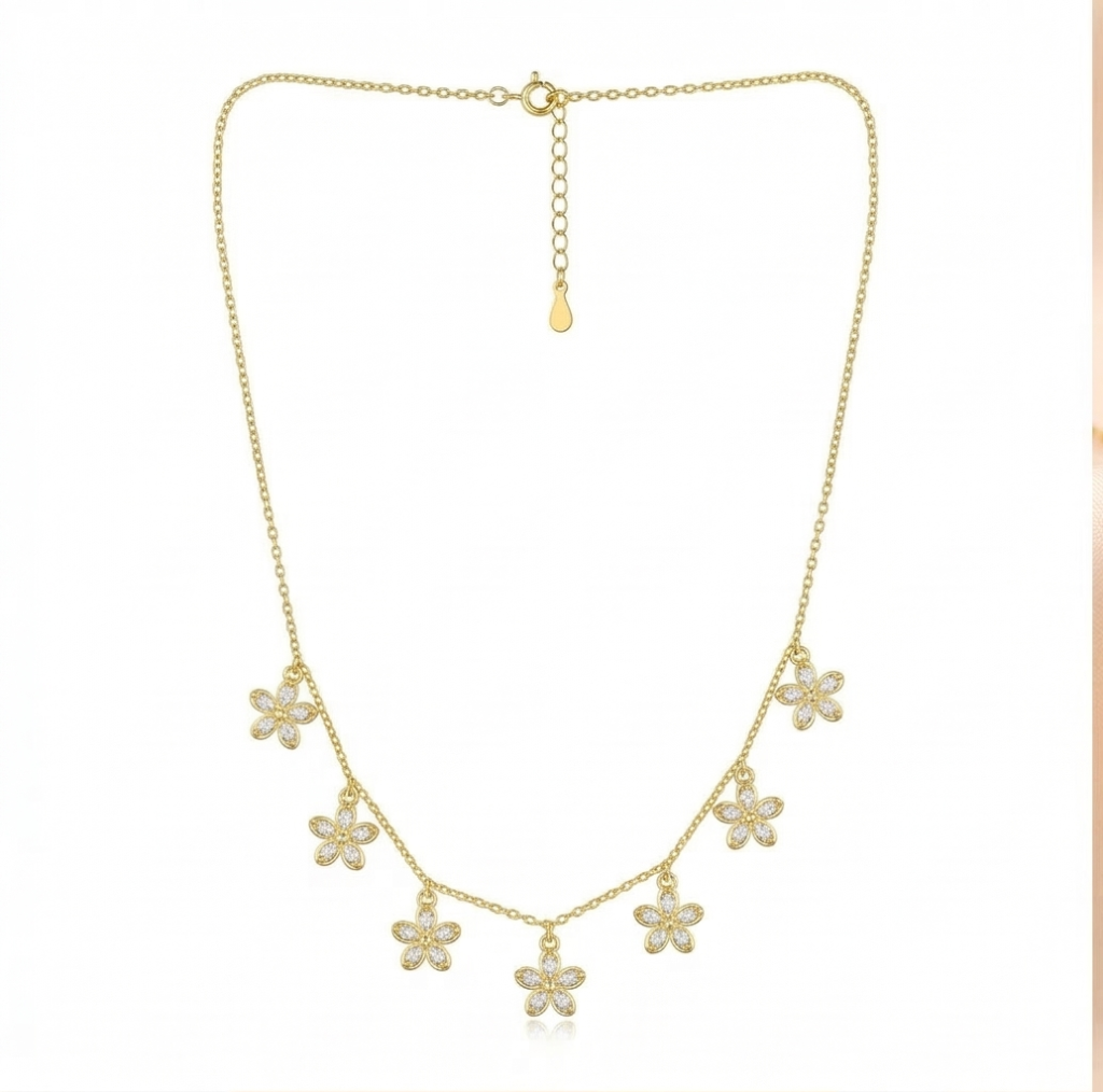 AGOR 925 Sterling Silver Clear Floral Charm Necklace Jewellery for Women with Gold Finish