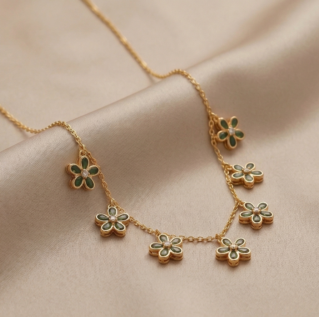 925 Sterling Silver Green Floral Charm Necklace Jewellery for Women with Gold Finish