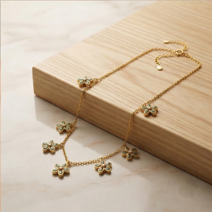 AGOR 925 Sterling Silver Green Floral Charm Necklace Jewellery for Women with Gold Finish