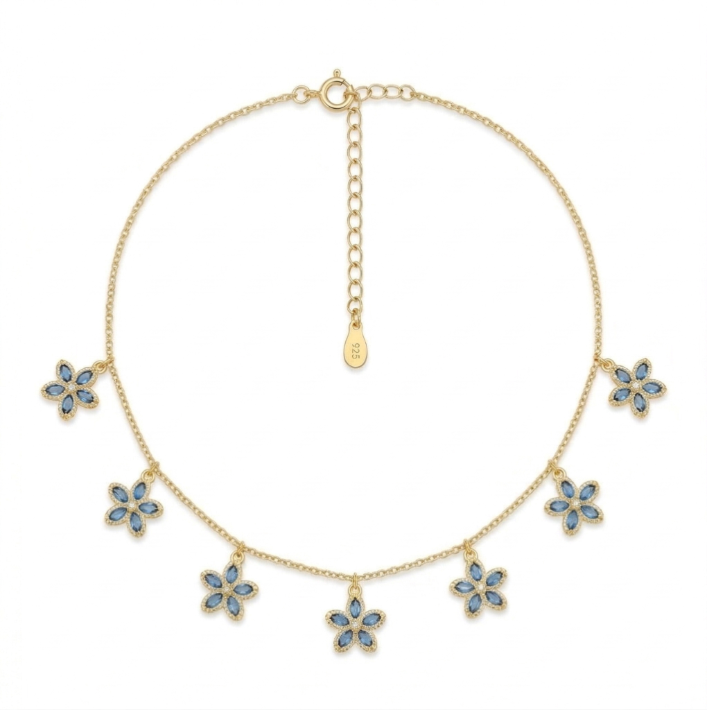 AGOR 925 Sterling Silver Floral Charm Necklace for Women with Gold Finish Blue Flower Jewellery