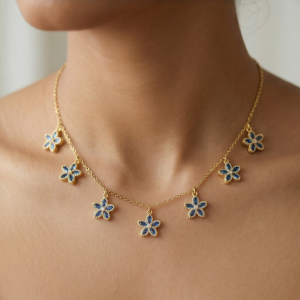 AGOR 925 Sterling Silver Floral Charm Necklace for Women with Gold Finish Blue Flower Jewellery