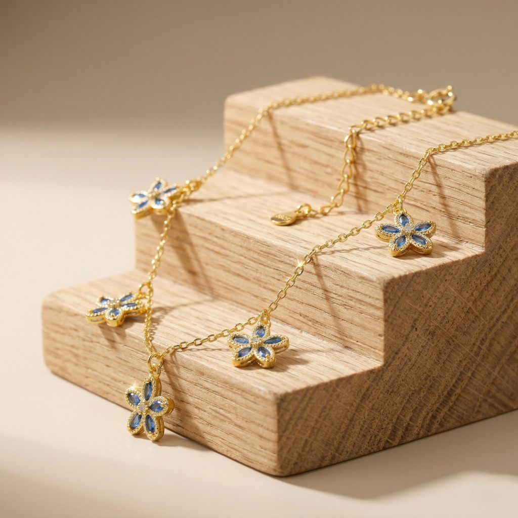 AGOR 925 Sterling Silver Floral Charm Necklace for Women with Gold Finish Blue Flower Jewellery