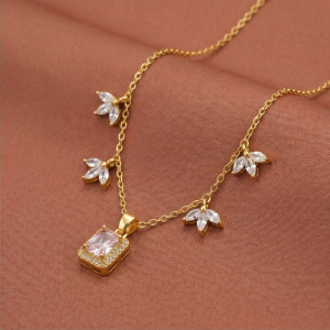 AGOR 925 Sterling Silver Pink Rectangular Halo Necklace Jewellery for Women with Gold Finish