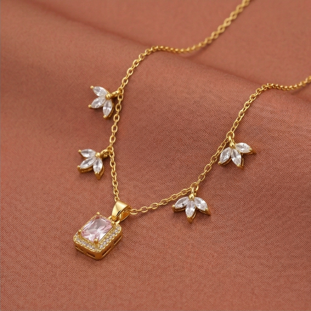 925 Sterling Silver Pink Rectangular Halo Necklace Jewellery for Women with Gold Finish