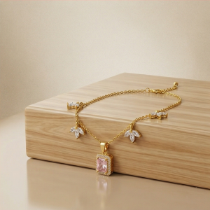 AGOR 925 Sterling Silver Pink Rectangular Halo Necklace Jewellery for Women with Gold Finish
