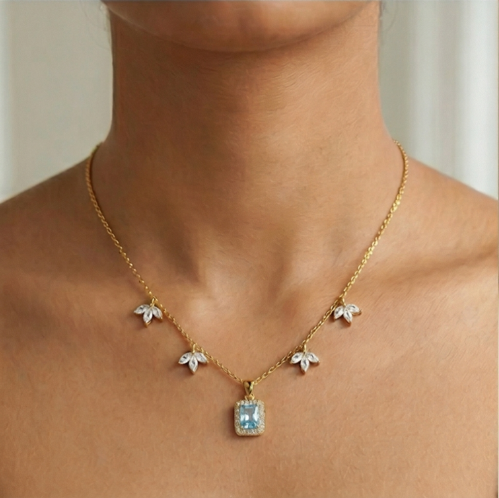 AGOR 925 Sterling Silver Blue Rectangular Halo Necklace Jewellery for Women with Gold Finish